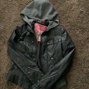 Hooded faux leather jacket